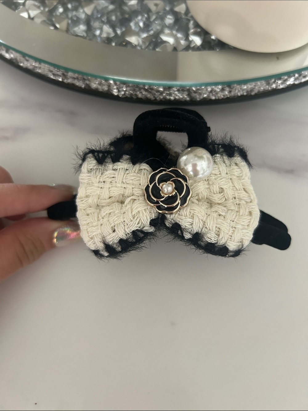 Woven Bow Hair Clip with Pearl & Flower Accent - Black & Cream